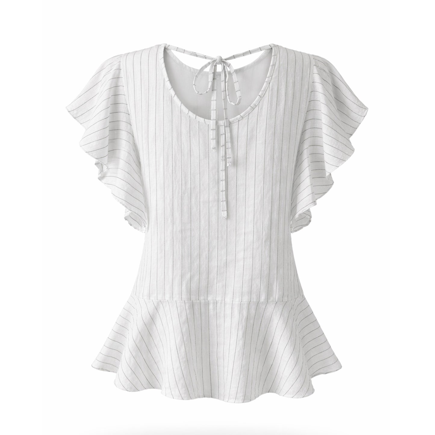 Linen Pinstripe Peplum Blouse with Flutter Sleeves
