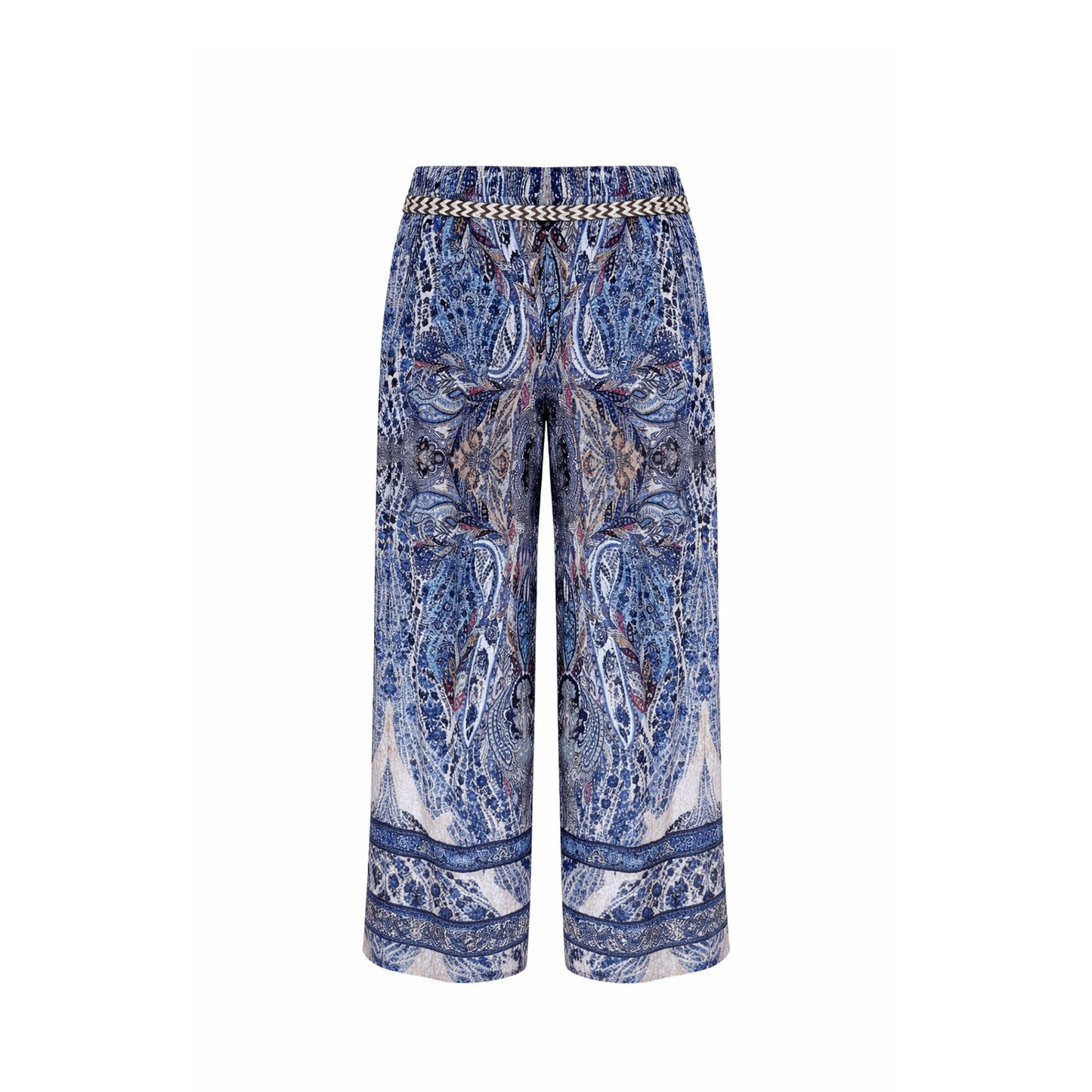 Boho Paisley Straight-Leg Pants with Braided Belt