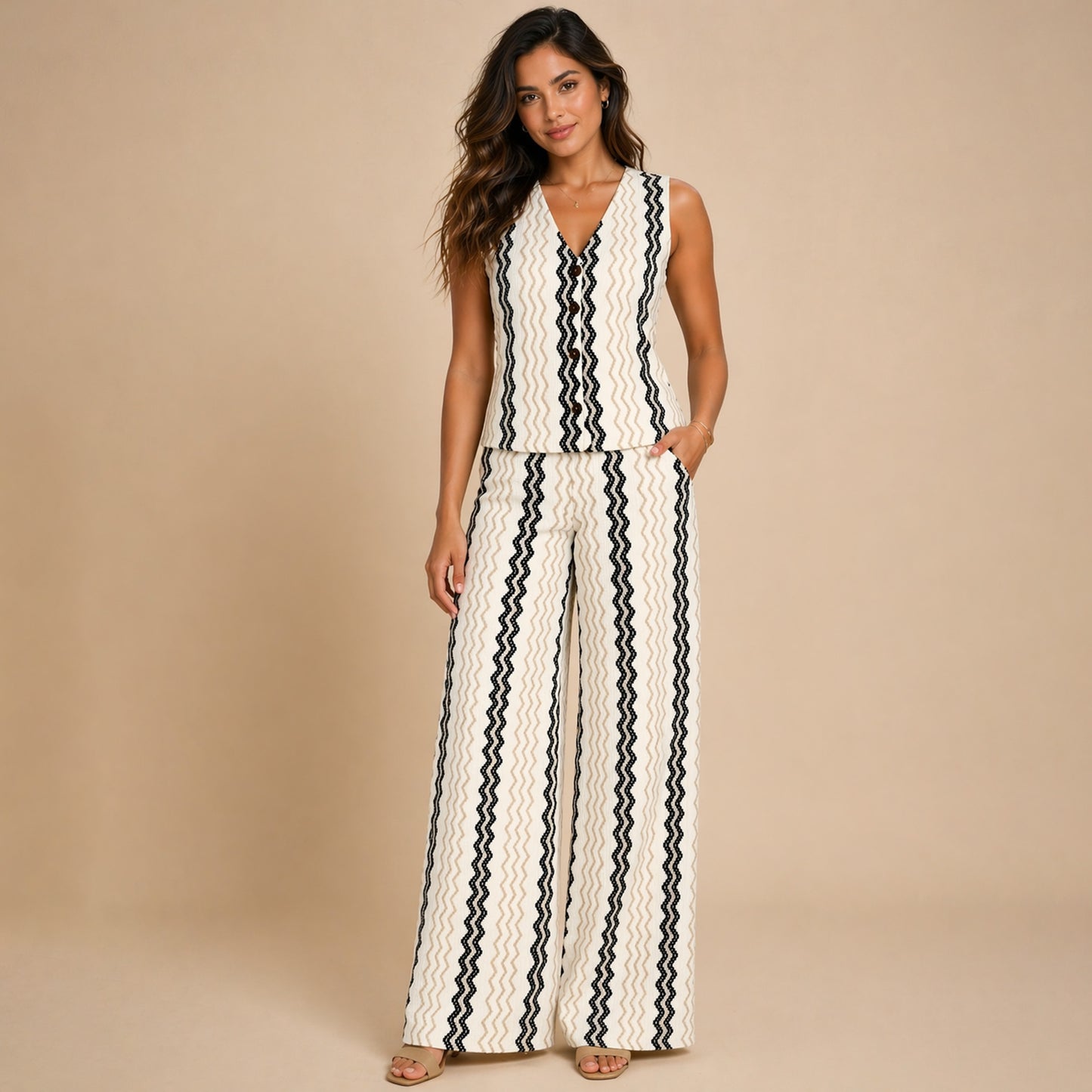 Zigzag Knit Vest & Wide-Leg Pants Set