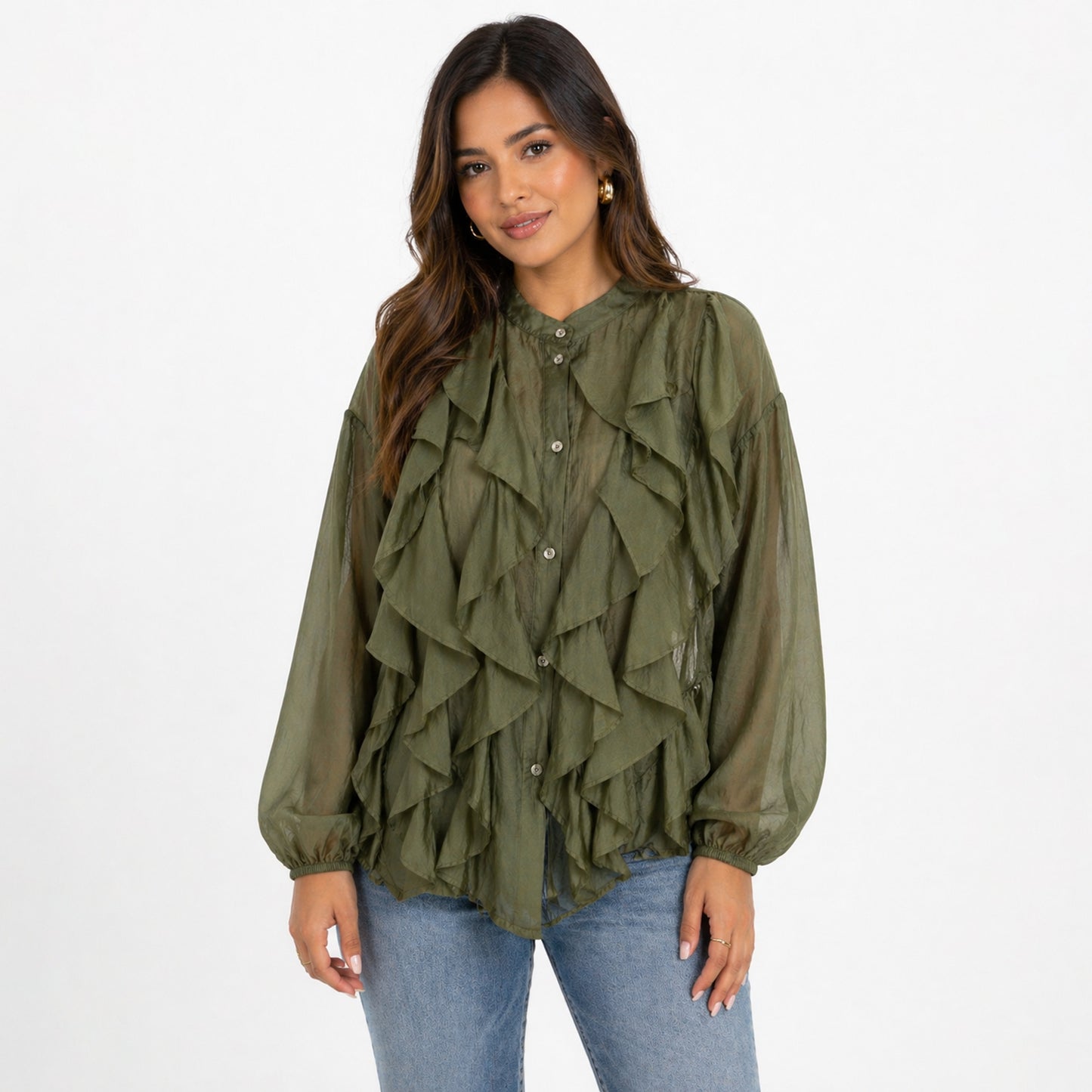 Ruffle Sheer Blouse – Lightweight Button Front