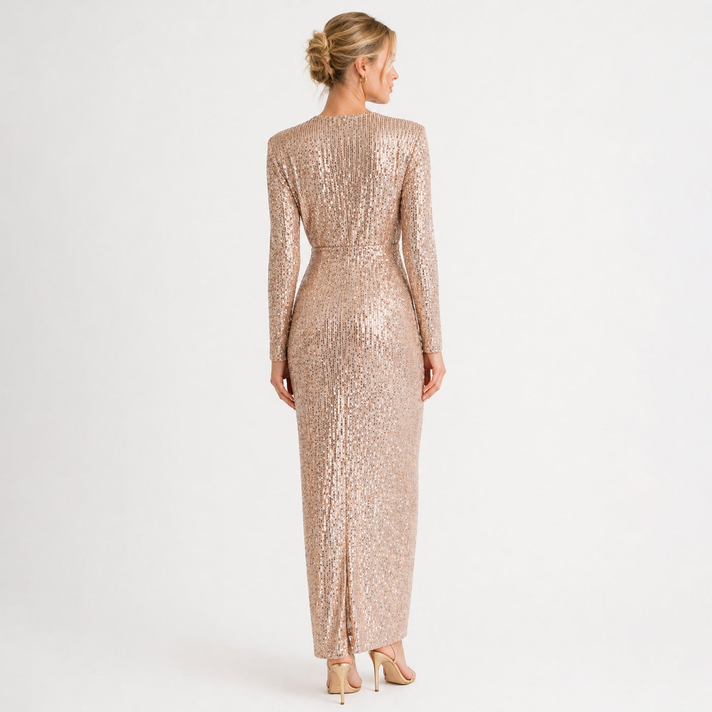 Sequin Deep V Maxi Dress with Sleeves