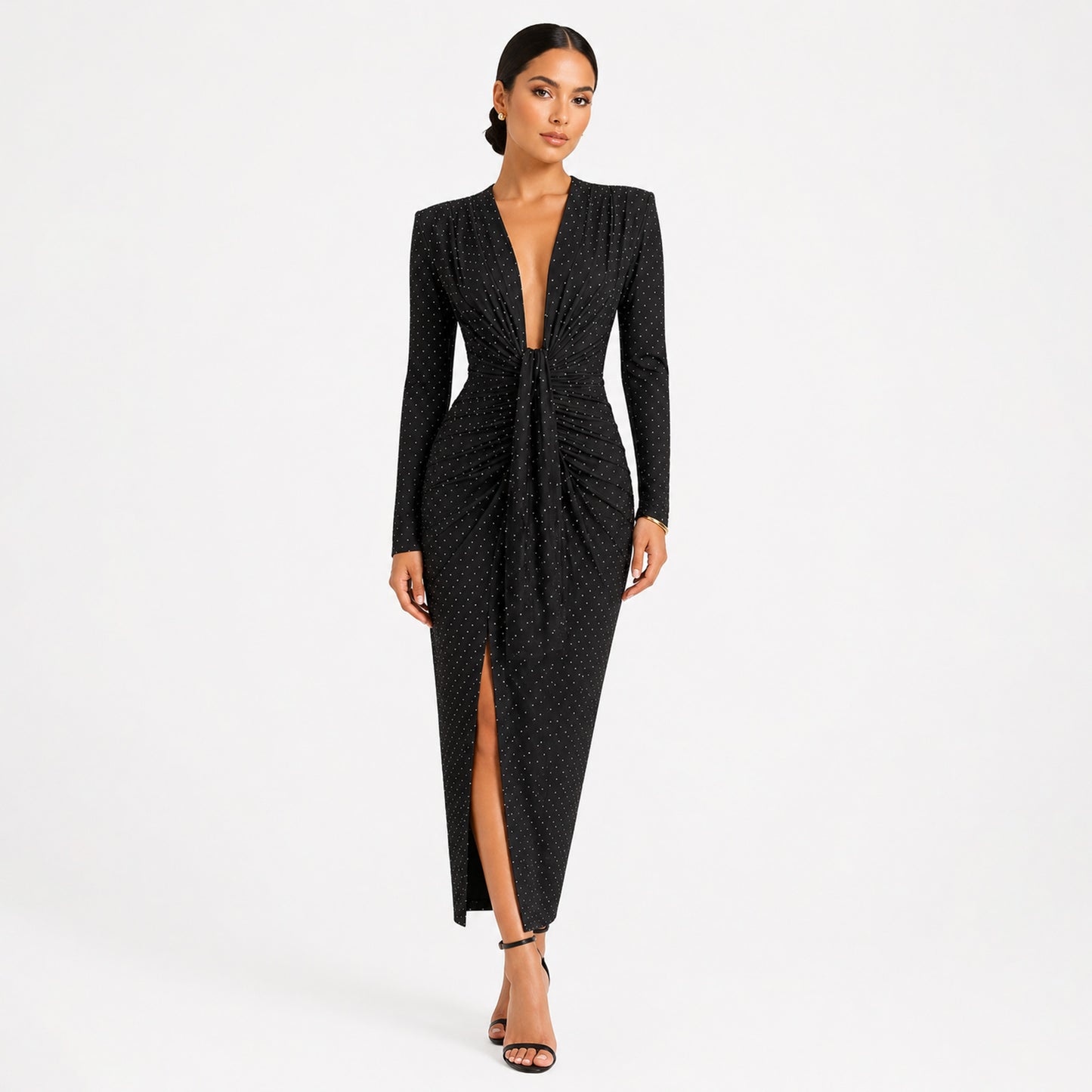 Rhinestone Ruched Midi Dress with Side Slit