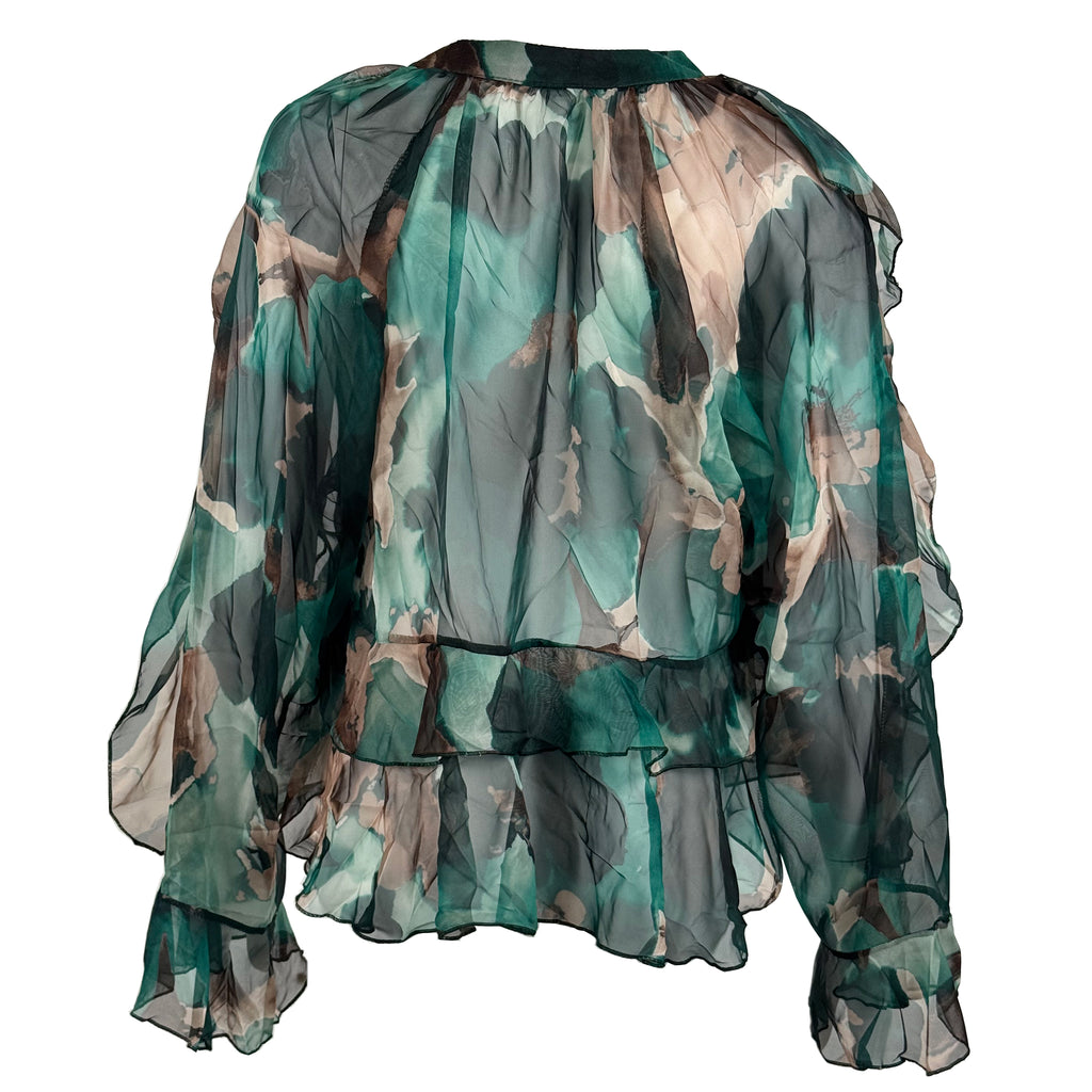 Sheer Printed Ruffle Blouse