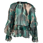 Sheer Printed Ruffle Blouse
