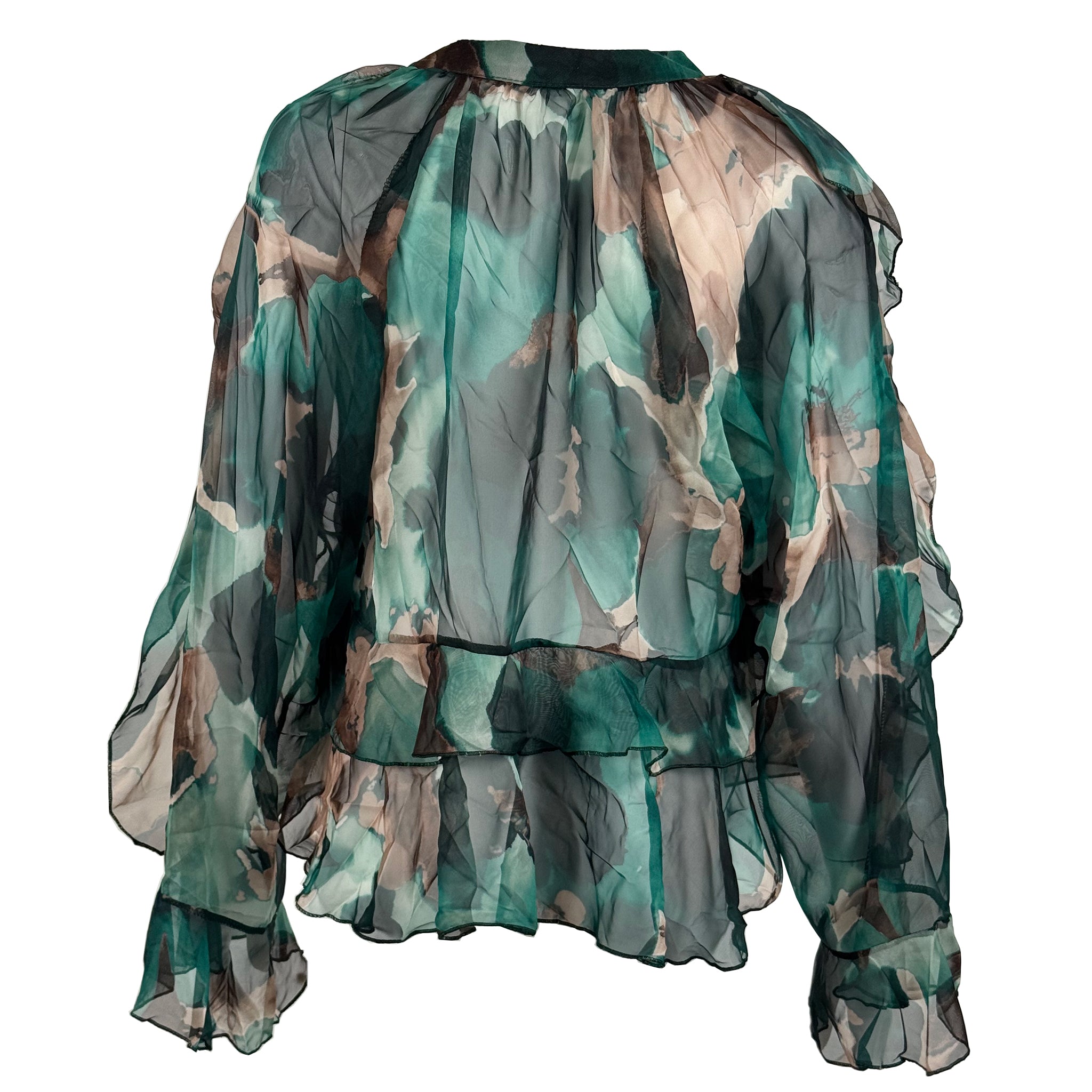Sheer Printed Ruffle Blouse