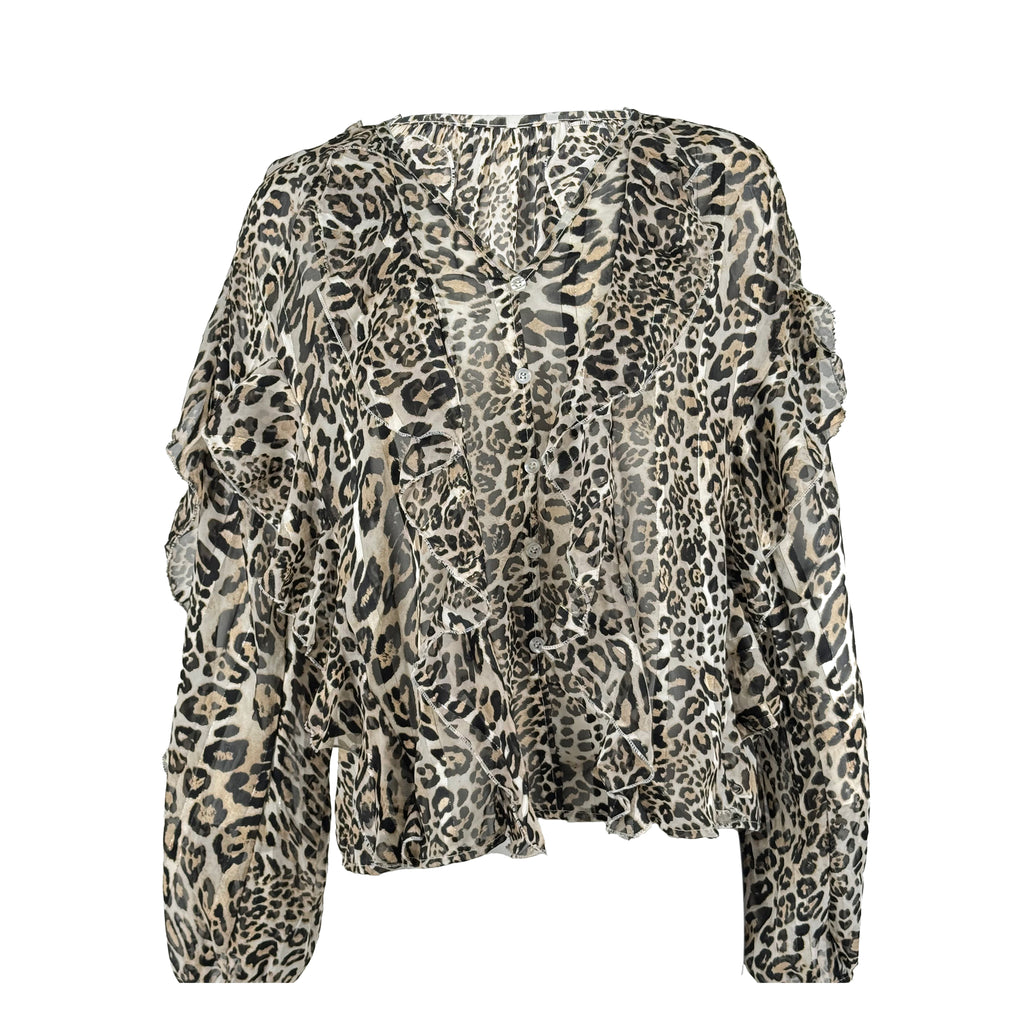 Sheer Leopard Print Ruffle Blouse