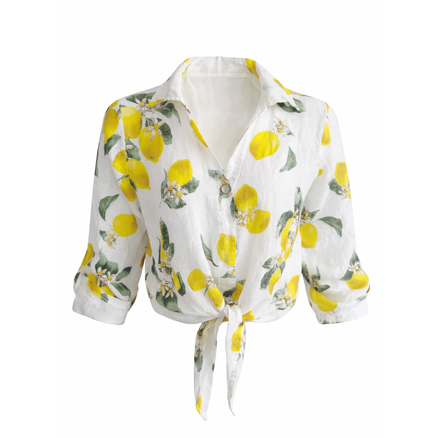 Linen Lemon Print Tie-Front Blouse