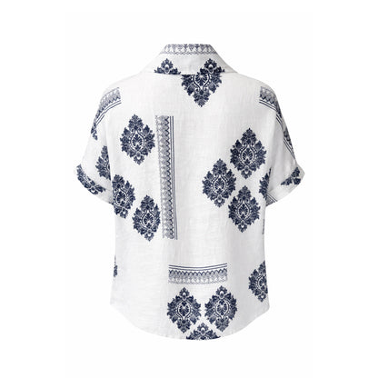 Linen Shirt with Navy Damask Print – Relaxed Fit