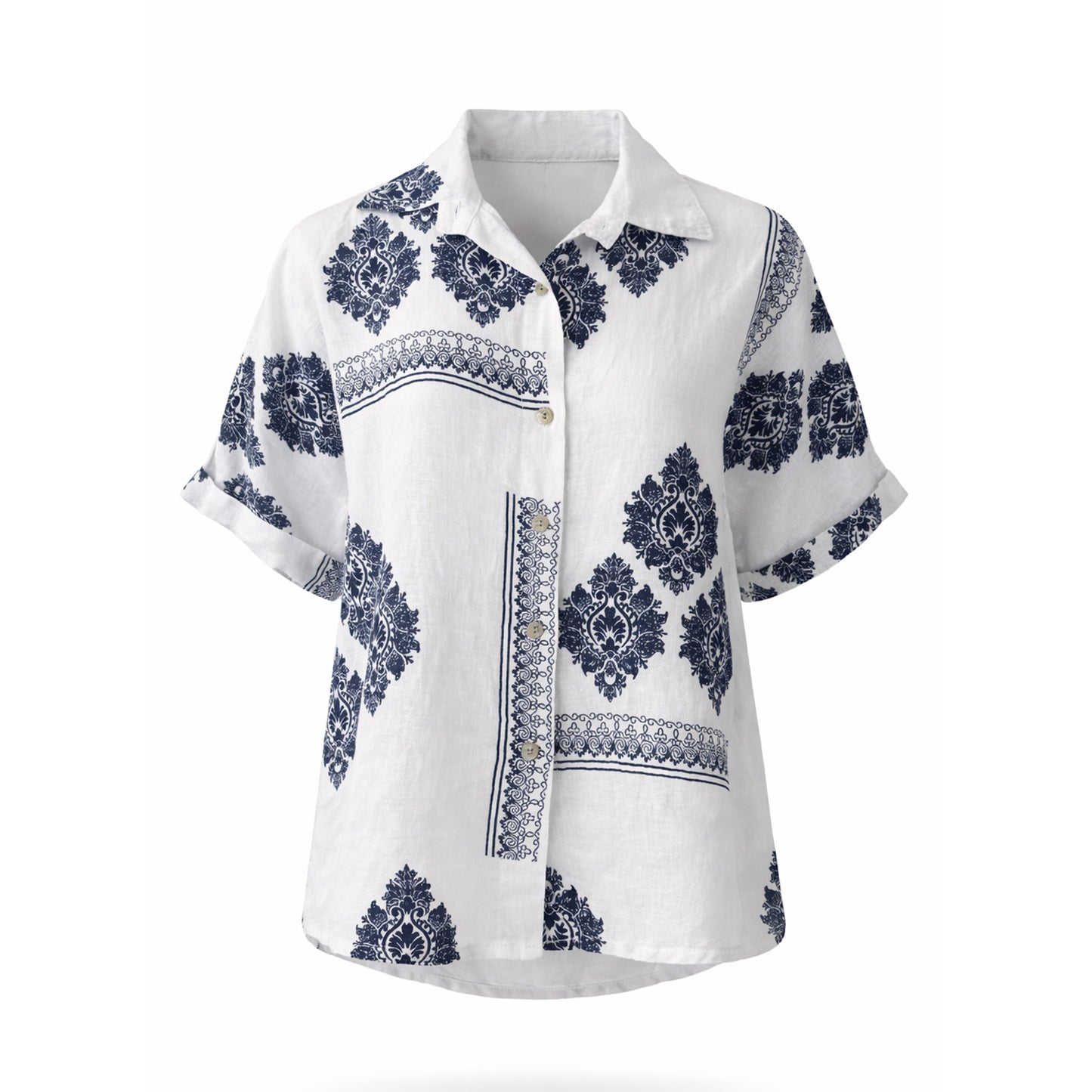 Linen Shirt with Navy Damask Print – Relaxed Fit