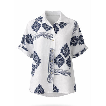 Linen Shirt with Navy Damask Print – Relaxed Fit