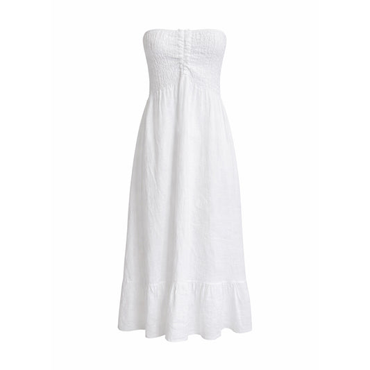 Linen Strapless Smocked Midi Dress