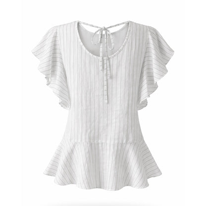 Linen Pinstripe Peplum Blouse with Flutter Sleeves