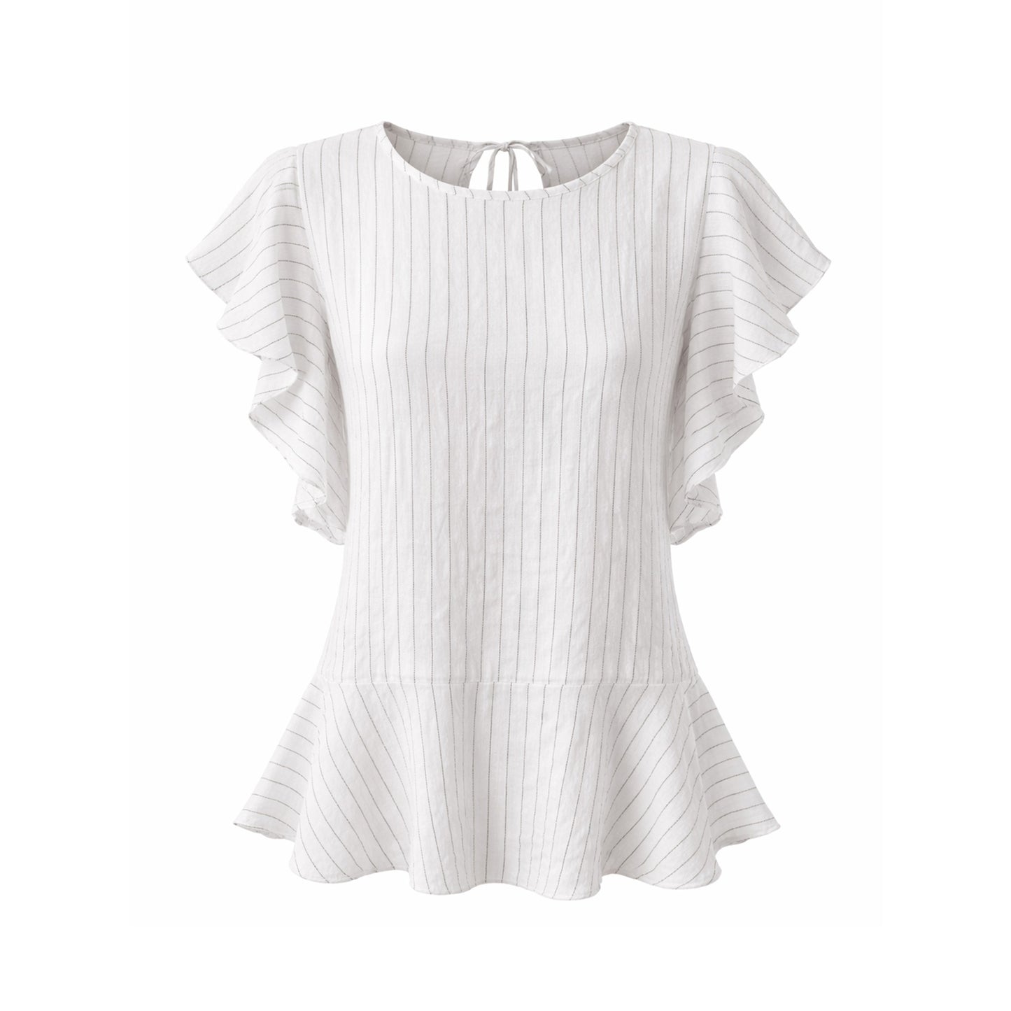 Linen Pinstripe Peplum Blouse with Flutter Sleeves