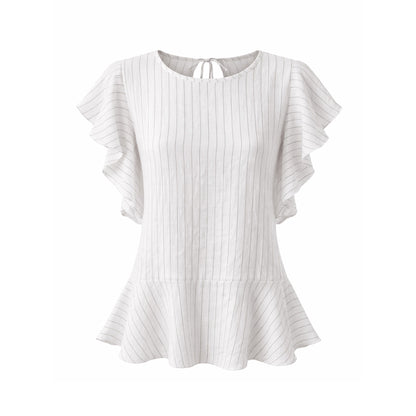 Linen Pinstripe Peplum Blouse with Flutter Sleeves