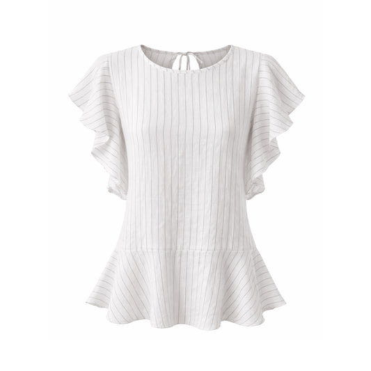 Linen Pinstripe Peplum Blouse with Flutter Sleeves