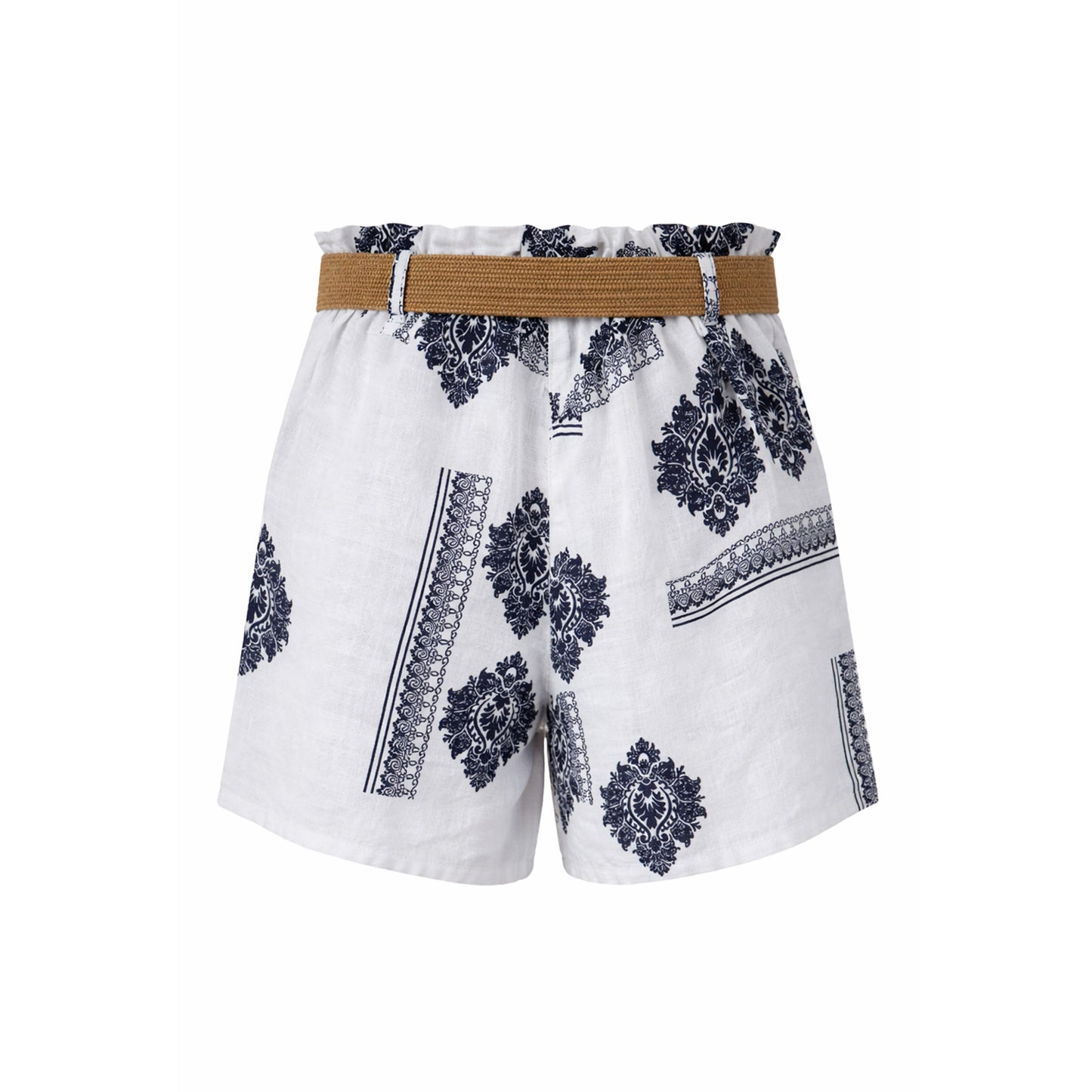 Linen Short with Navy Damask Print
