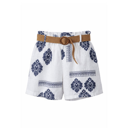 Linen Short with Navy Damask Print