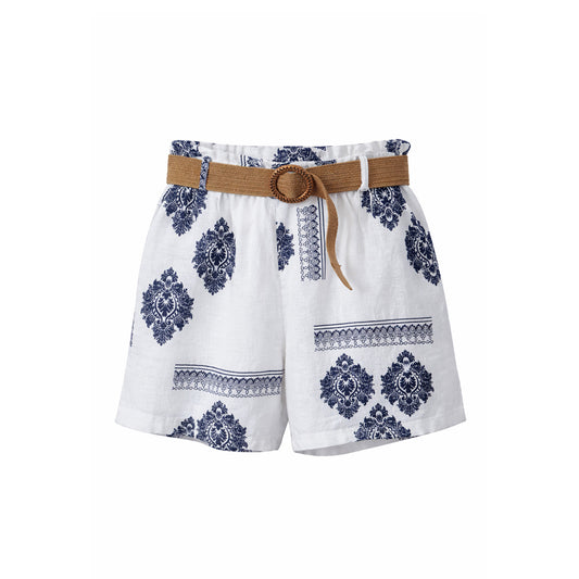 Linen Short with Navy Damask Print