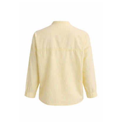 Embroidered Collarless Button-Up Blouse