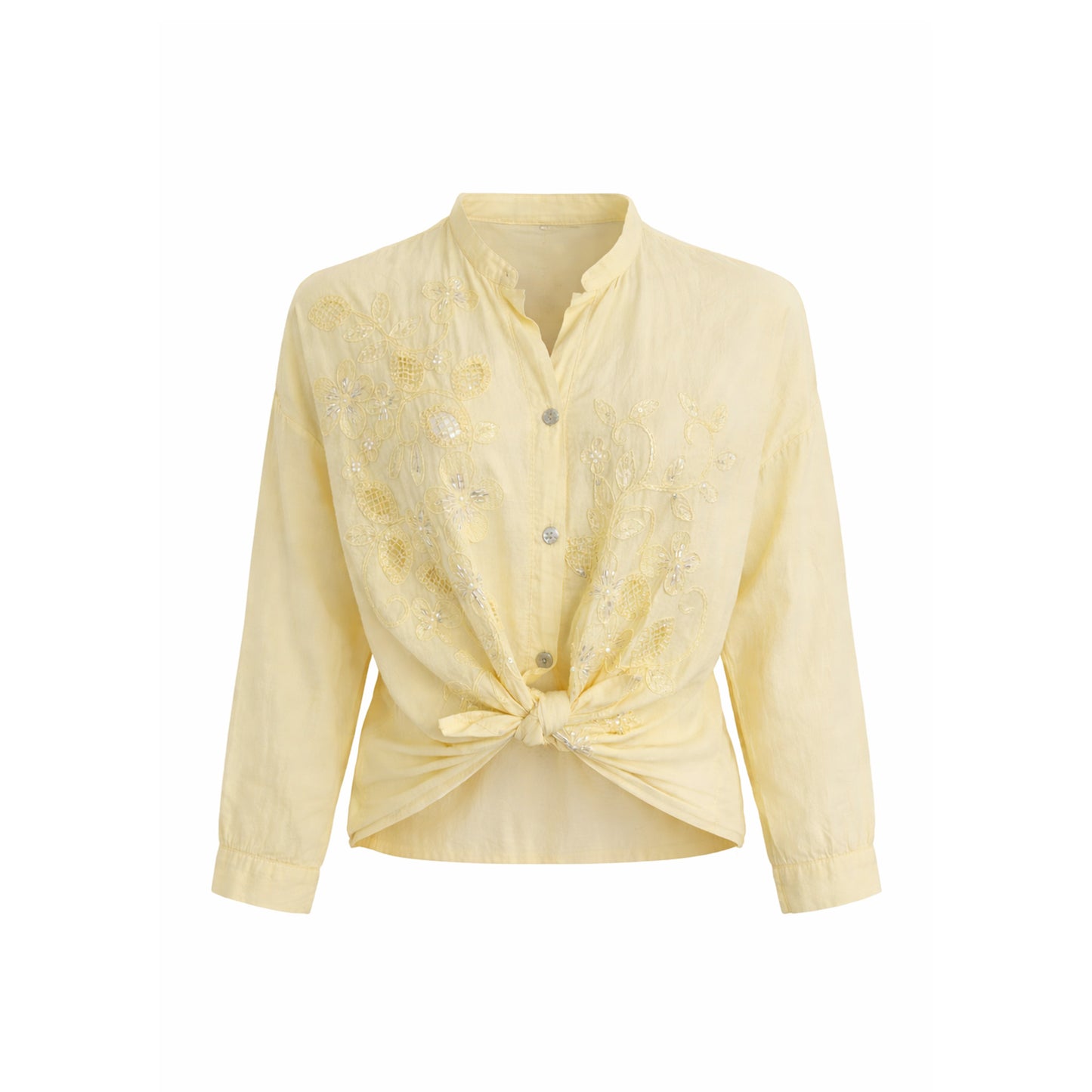 Embroidered Collarless Button-Up Blouse