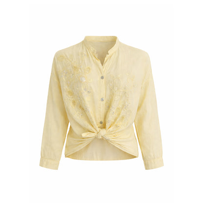 Embroidered Collarless Button-Up Blouse