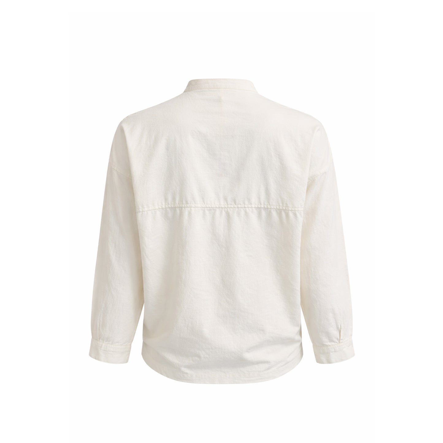 Embroidered Collarless Button-Up Blouse