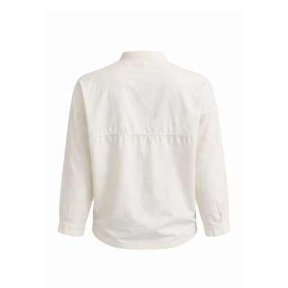 Embroidered Collarless Button-Up Blouse