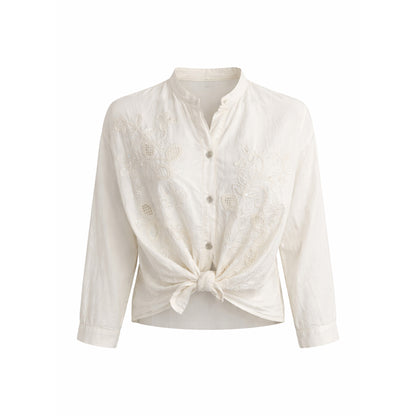 Embroidered Collarless Button-Up Blouse