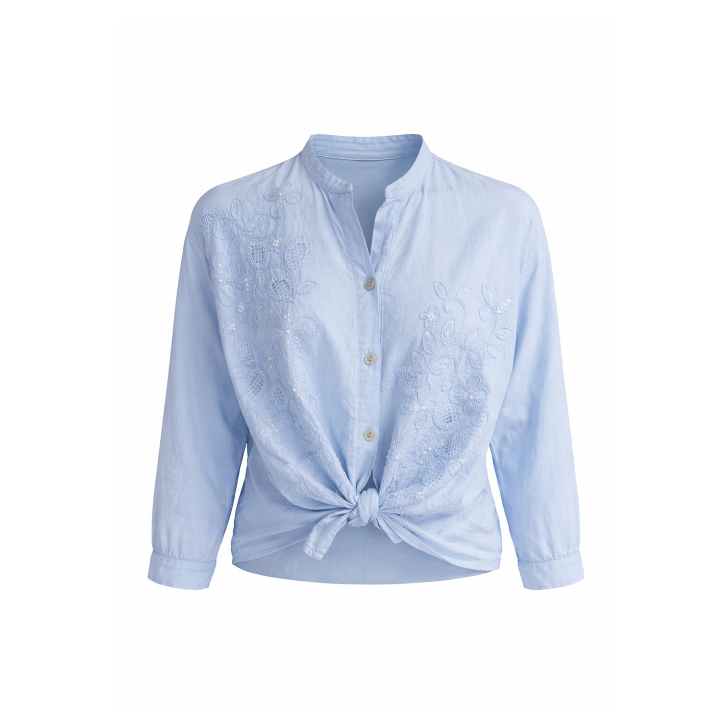Embroidered Collarless Button-Up Blouse