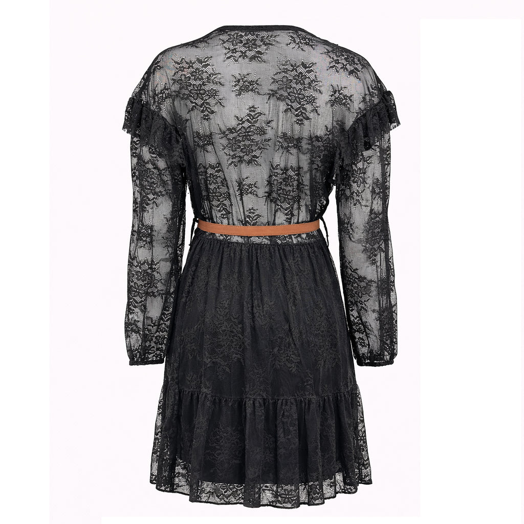 Sheer Lace Midi Dress with Belt
