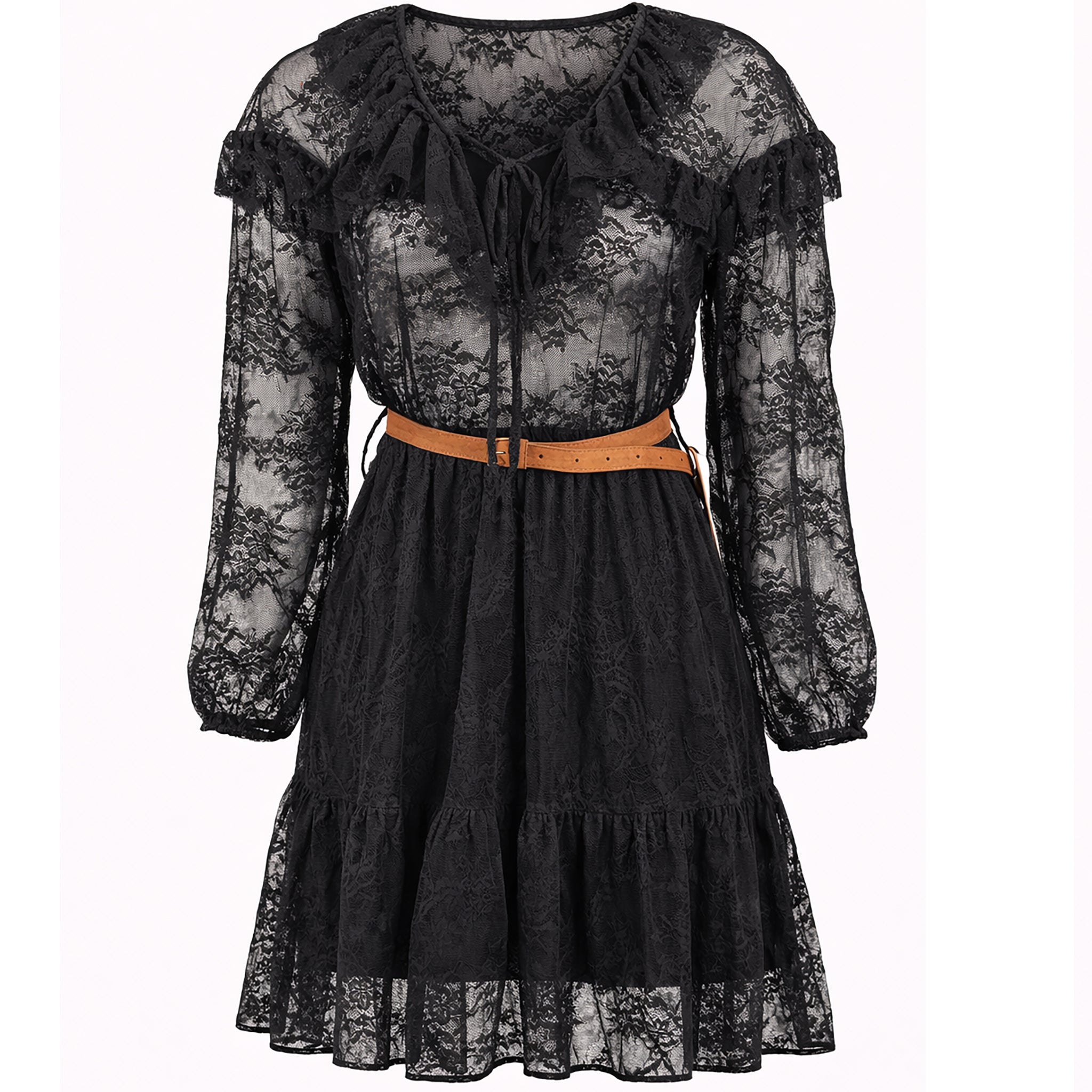Sheer Lace Midi Dress with Belt