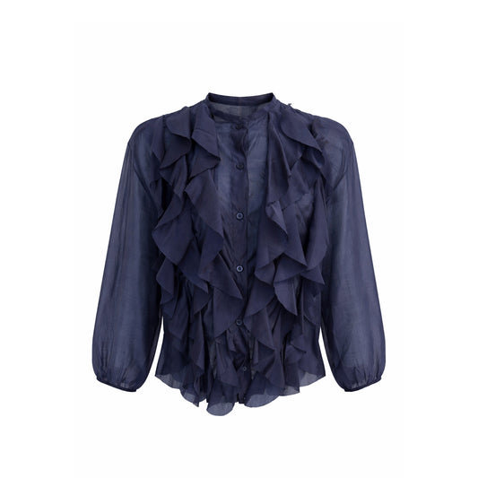 Ruffle Sheer Blouse – Lightweight Button Front