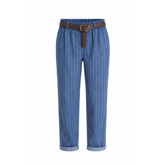 Pinstripe Straight-Leg Pants with Belt