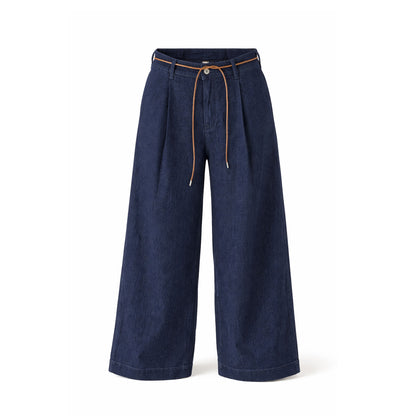 Wide Leg Denim Pants with String Belt