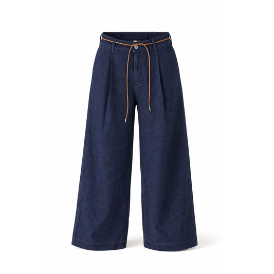 Wide Leg Denim Pants with String Belt