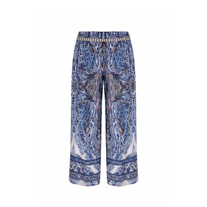 Boho Paisley Straight-Leg Pants with Braided Belt