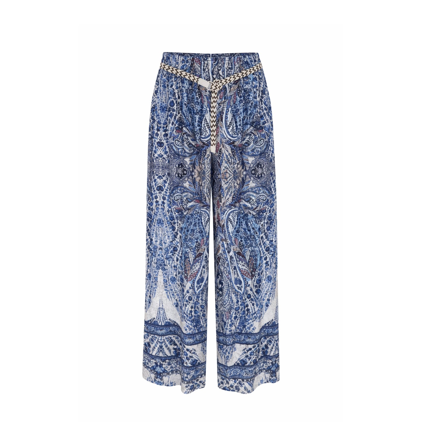 Boho Paisley Straight-Leg Pants with Braided Belt