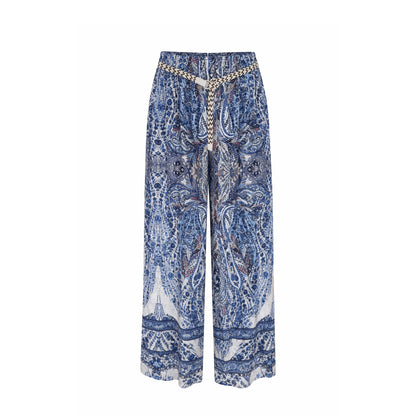 Boho Paisley Straight-Leg Pants with Braided Belt