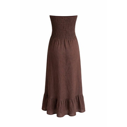 Linen Strapless Smocked Midi Dress