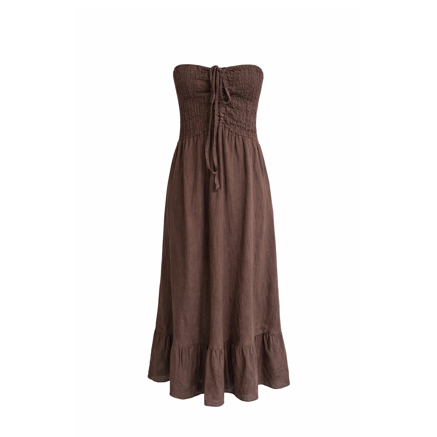 Linen Strapless Smocked Midi Dress