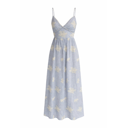 Embroidered Midi Dress with Spaghetti Straps