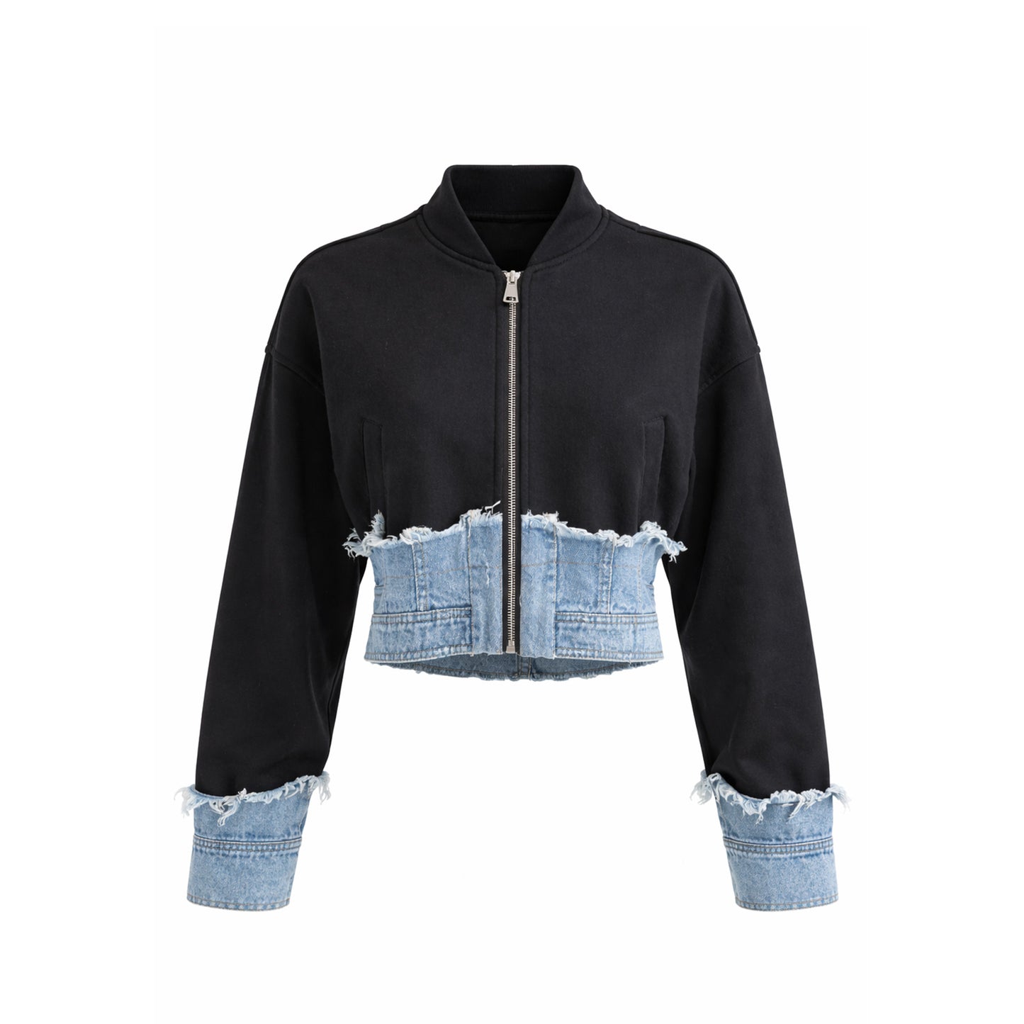 Bomber Jacket with Frayed Denim Hem