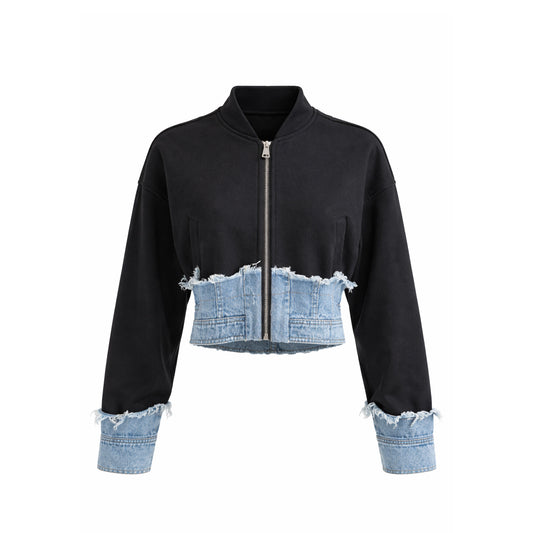 Bomber Jacket with Frayed Denim Hem