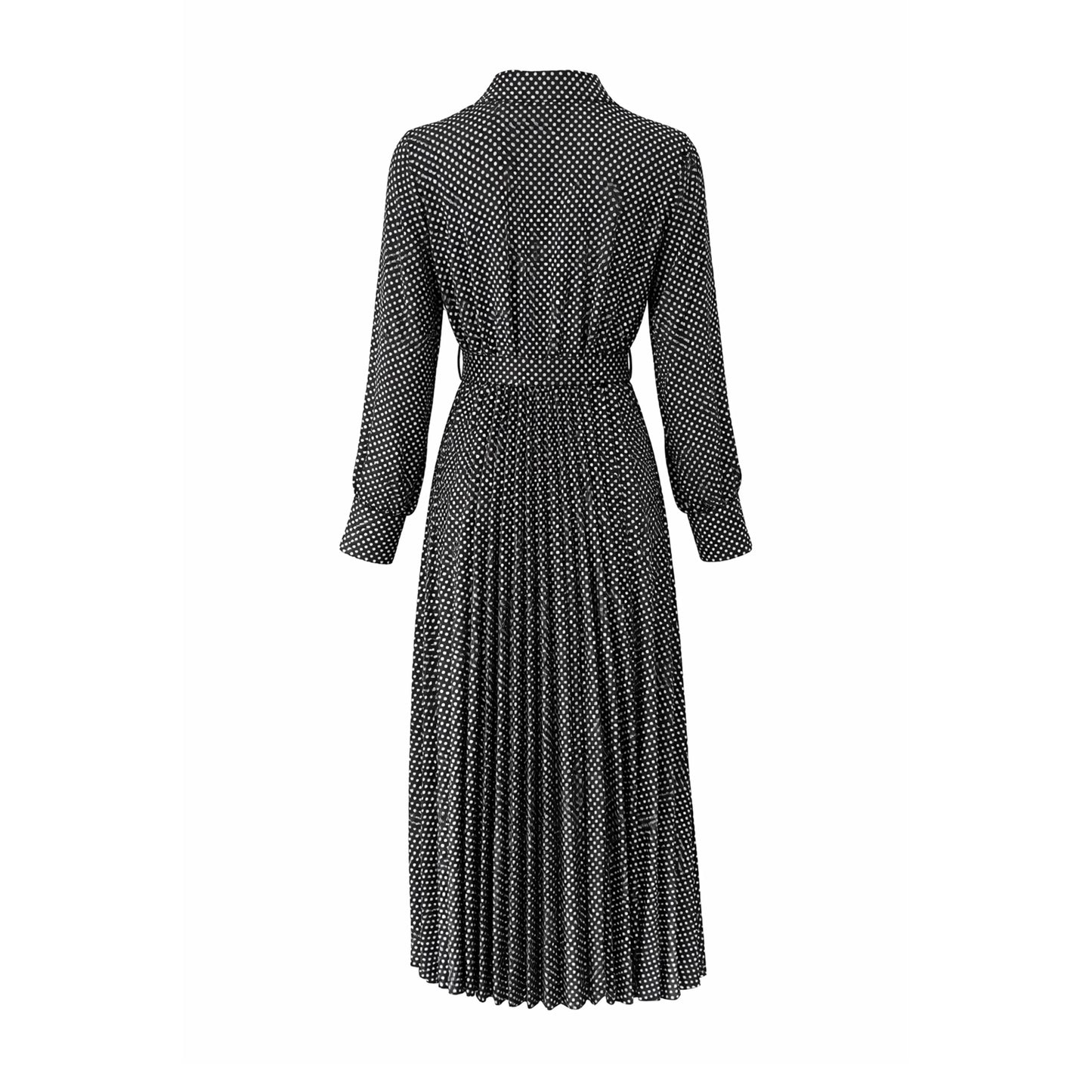 Polka Dot Pleated Midi Dress with Belt