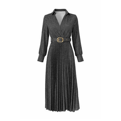 Polka Dot Pleated Midi Dress with Belt