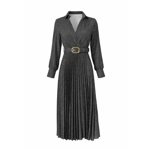 Polka Dot Pleated Midi Dress with Belt