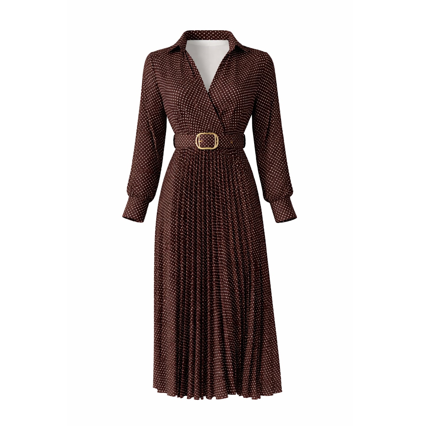 Polka Dot Pleated Midi Dress with Belt