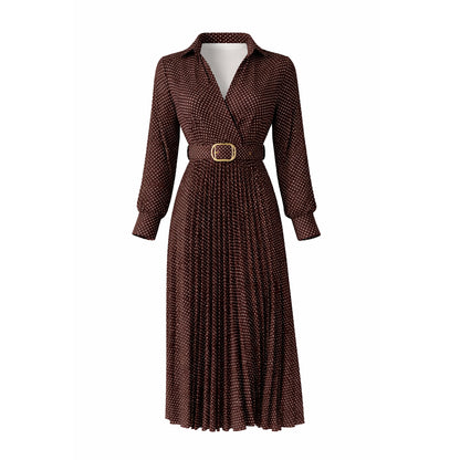 Polka Dot Pleated Midi Dress with Belt