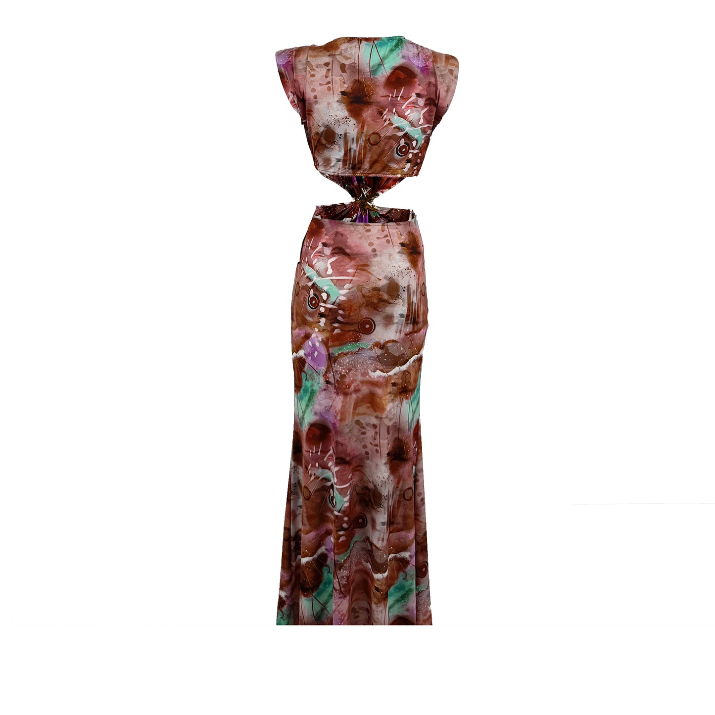 Printed Floor-Length Evening Dress with Draped Waist