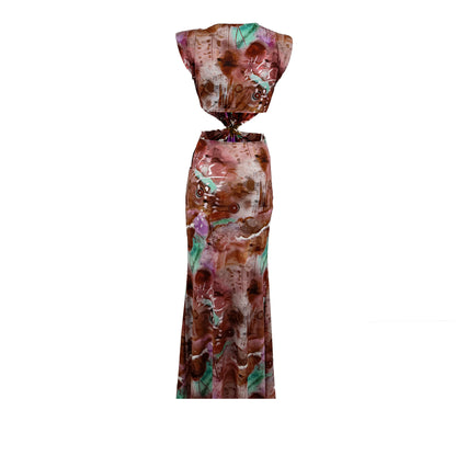 Printed Floor-Length Evening Dress with Draped Waist